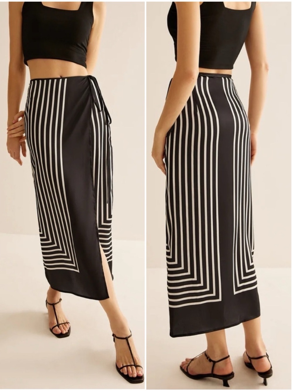 COMMENSE Women’s Size XS Black White Geometric Pinstripe Satin Wrap Midi Skirt